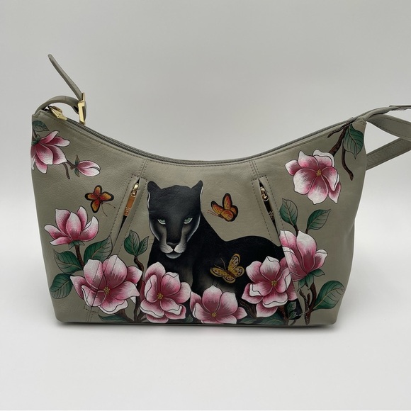 Anuschka Handbags - Anuschka Garden Panther Hand-Painted Leather Hobo Purse Dual Zip New